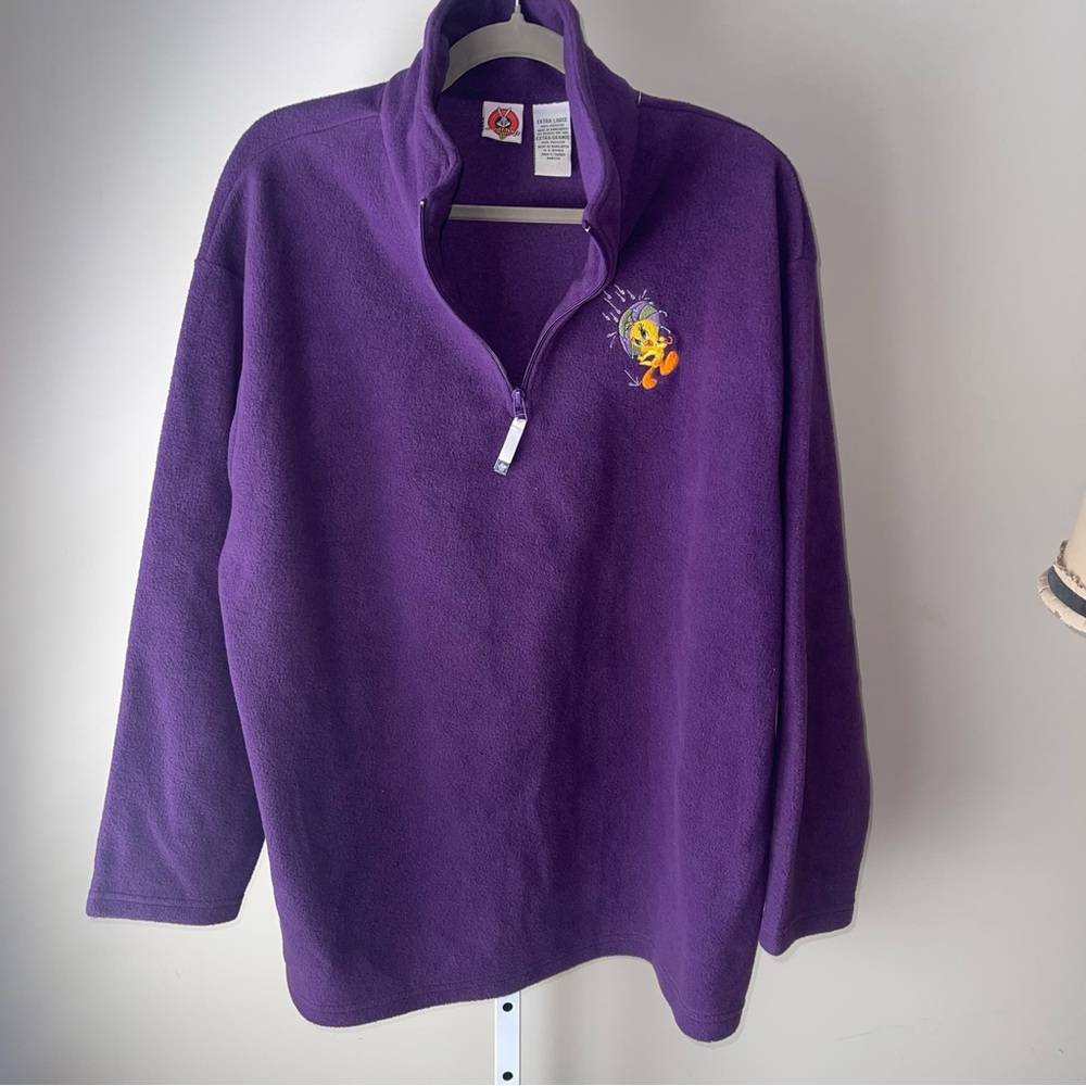 Vintage 2001 Looney Tunes Tweety Bird Half-Zip Fleece Pullover Purple Unisex XL